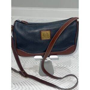Vintage Medallion Navy Blue Brown Leather Crossbody Purse Adjustable Strap